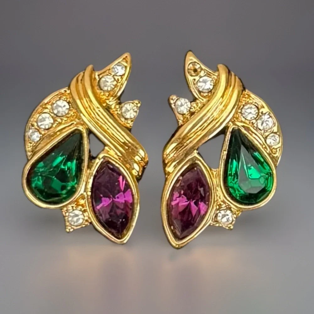 Vintage goldtone, festive green red and clear bling holiday pierced earrings